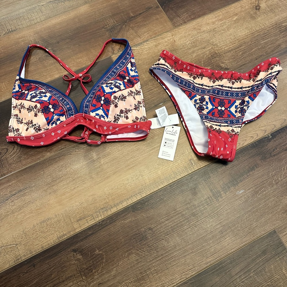 Paisley Boho Plunging Bralette & Cheeky Hipster Bikini Set- New. Size M